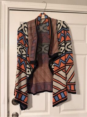 Harper Geometric Open-Front Cardigan in Orange, Blue & Cream